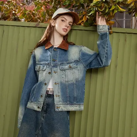 a022024春季新款水洗灯芯绒领复古廓形牛仔上衣休闲女式外套图片