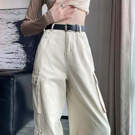 美式高街杏色工装裤女春秋季高腰显瘦设计感多口袋宽松显瘦阔腿裤商品大图