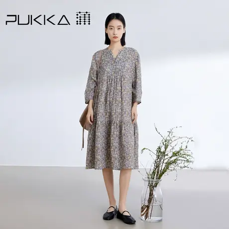 蒲PUKKA 法式印花连衣裙2024夏装新款亚麻气质V领碎褶连衣裙图片