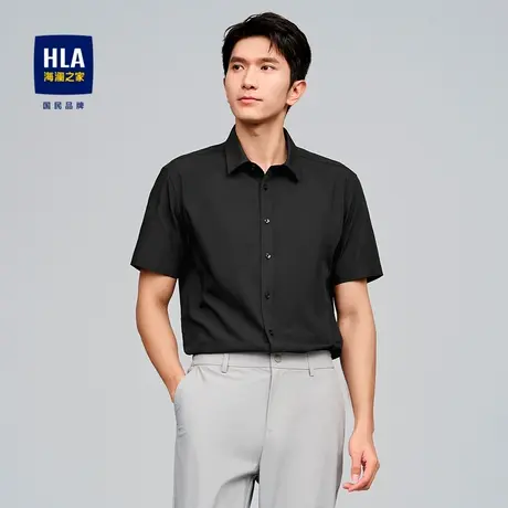 HLA/海澜之家花纹短袖休闲衬衫2024春夏新款尖领时尚有型黑衬衣男商品大图