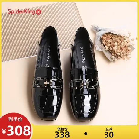 蜘蛛王女鞋春款真皮乐福鞋女粗跟方头通勤工作粗跟中跟一脚蹬皮鞋商品大图