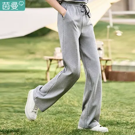 茵曼抽绳腰带休闲裤女2024年春新款高腰宽松阔腿直筒拖地裤子薄款图片