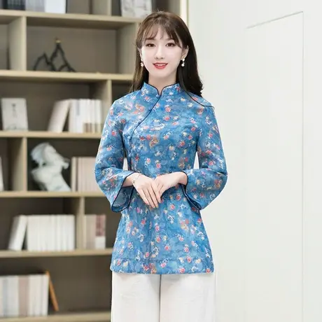 筠雅唐装中国风女装旗袍式上衣苎麻长袖民族风茶道禅修服中式女装商品大图