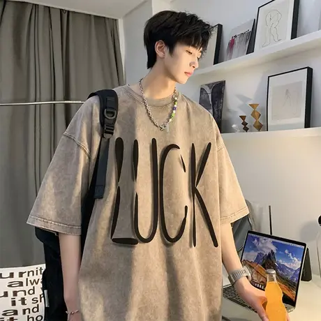 美式字母印花薄款短袖T恤男潮流2023复古夏季水洗做旧宽松半袖t恤商品大图