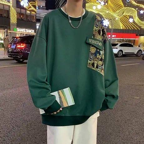 国潮刺绣圆领卫衣男秋冬季2023新款无帽外套港风长袖休闲打底上衣商品大图