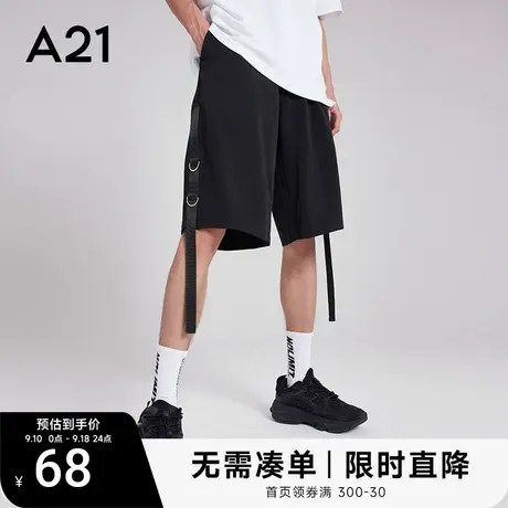 A21男装宽松中腰休闲裤短2023秋季新款裤子潮牌黑色中裤男士短裤商品大图