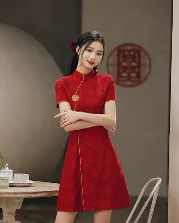 2023年新款小个子新娘敬酒服旗袍红色结婚礼服回娘家中国风商品大图