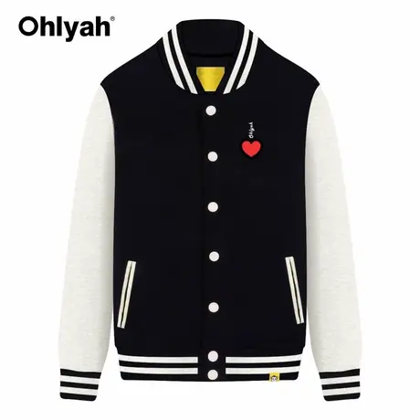 Ohlyah棒球服女情侣装卫衣2023秋冬爱心图案印花纯棉夹克黑色外套商品大图