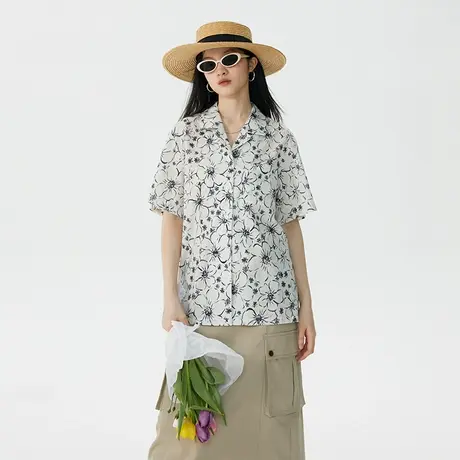 omont蛋挞家 古巴领碎花衬衫女夏季2023新款复古宽松短袖衬衣上衣商品大图