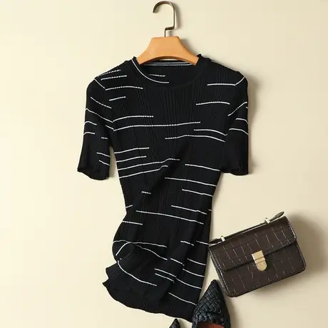 冰丝针织衫女士短袖夏款2023条纹打底女内搭修身显瘦圆领女上衣薄图片