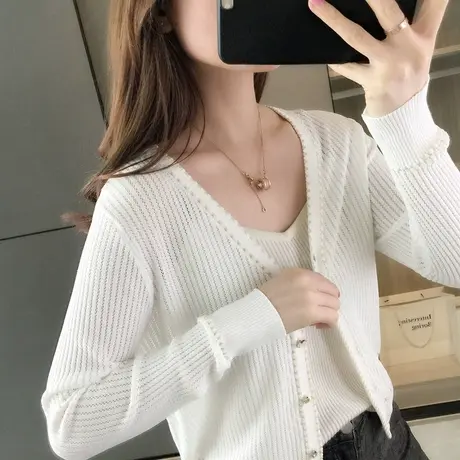 春秋装新款宽松短款针织开衫女士冰丝小外套春秋V领外搭洋气商品大图