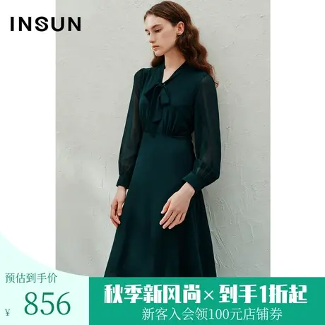 恩裳2023春季新款优雅领口飘带设计亚麻质感飘逸连衣裙女图片