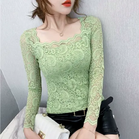 2023春秋新款法式方领洋气上衣性感镂空小衫百搭蕾丝打底衫女长袖商品大图