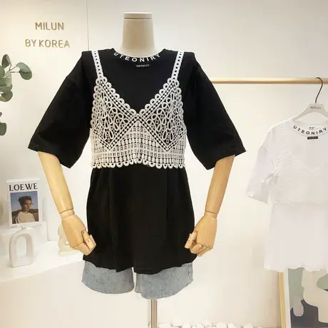 ins小众设计感短袖上衣韩国东大门夏季法式甜美蕾丝吊带两件套T恤商品大图