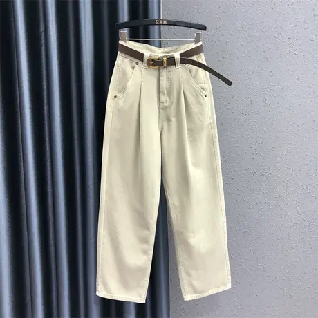 2023秋季新款个性杏色褶皱牛仔阔腿裤女宽松显瘦OL直筒裤长裤港味商品大图