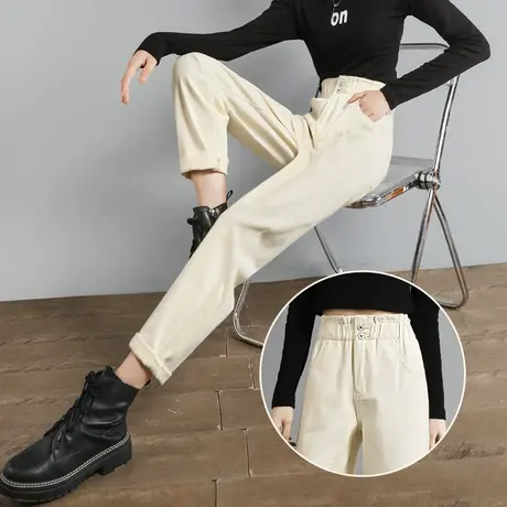 白色牛仔裤女高腰春秋装2023年新款松紧腰直筒萝卜老爹米色裤子女商品大图