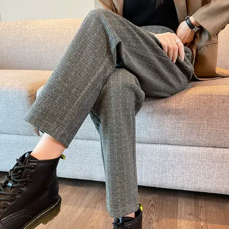 灰色毛呢裤女秋冬新款高腰直筒宽松显瘦九分小个子休闲哈伦萝卜裤图片