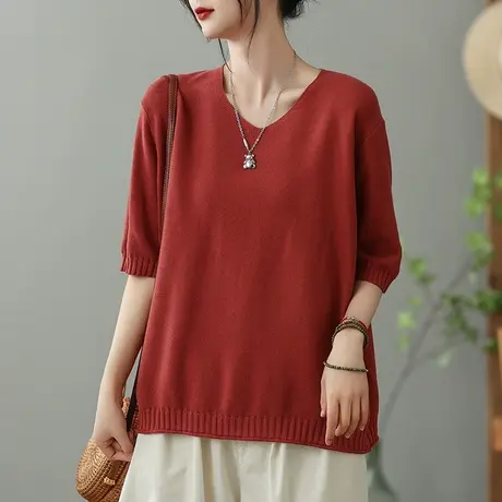 dza 复古V领针织短袖T恤女2023夏季纯色打底体恤宽松显瘦套头上衣商品大图