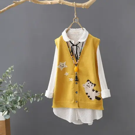 秋装2023新款动物提花V领单排扣针织开衫马甲女宽松无袖坎肩背心图片