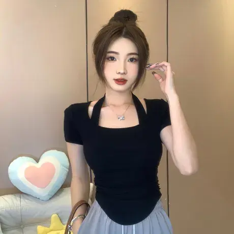 大码胖MM纯欲假两件短袖T恤女夏季设计感修身短款辣妹挂脖上衣潮图片