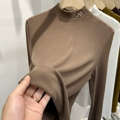 字母刺绣双面磨毛螺纹长袖T恤女2022秋冬新款洋气内搭打底衫上衣商品大图