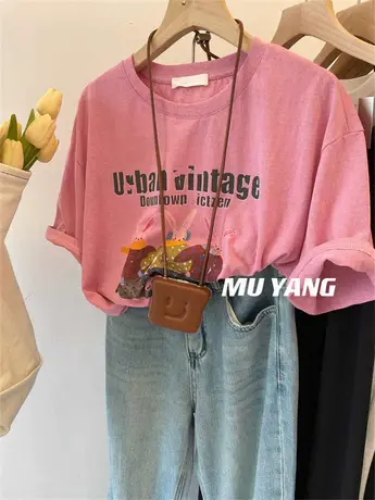 一起嗨皮~跳舞的兔子短袖T恤女韩系休闲宽松字母百搭卡通夏装上衣商品大图