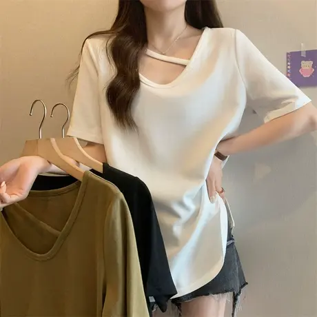 独特V领镂空短袖t恤女夏季小众设计感别致显瘦宽松洋气半袖上衣潮商品大图