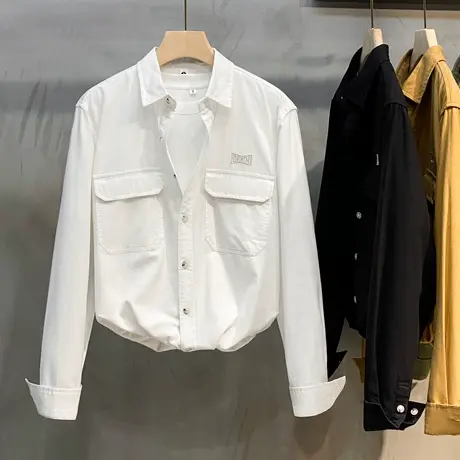 Ekecel日系潮流帅气男长袖衬衫美式工装印花百搭休闲外穿男士衬衣商品大图