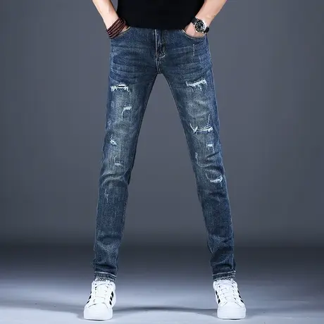 男士高端潮牌牛仔裤破洞潮ins高街修身小脚裤子2023新款秋款休闲图片