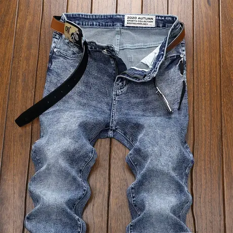 秋冬新款牛仔裤男浅蓝弹力简约时尚百搭中腰长裤子水洗青少年复古图片