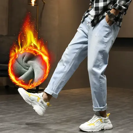 秋冬季2023新款男裤子加绒牛仔长裤男士休闲加厚保暖外穿直筒宽松商品大图