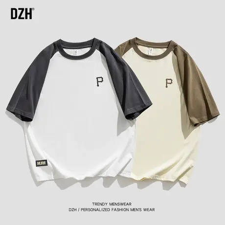 男生插肩短袖t恤男宽松圆领夏季男装2023新款刺绣半袖上衣情侣装商品大图