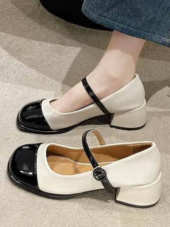 玛丽珍小皮鞋女春秋2023新款法式复古中跟粗跟英伦风单鞋猪腰子鞋图片