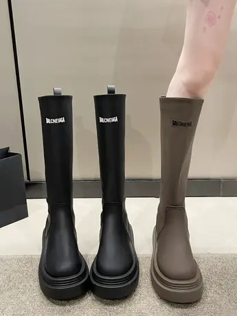 欧货厚底长靴女高筒弹力靴2023新款秋季百搭小个子增高粗跟骑士靴图片