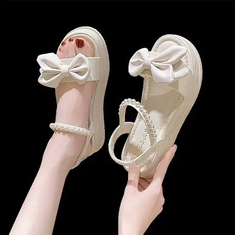 网红凉鞋女2023年新款夏季百搭厚底珍珠蝴蝶结露趾凉鞋沙滩罗马鞋商品大图