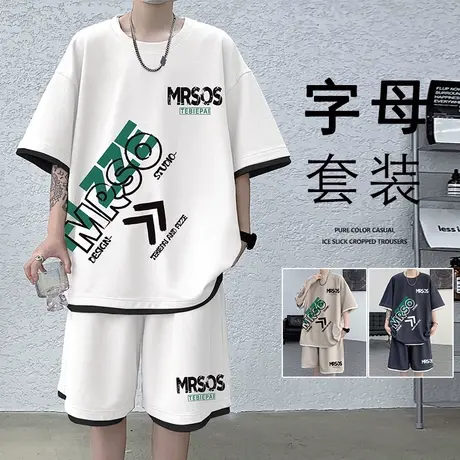 套装男夏季薄款短袖T恤休闲短裤青少年男生运动宽松2025新款潮流图片
