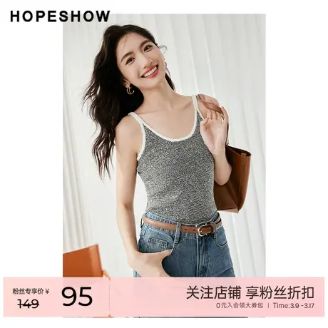 红袖outlets香风H型吊带hopeshow2023秋装新款条纹撞色边针织衫商品大图