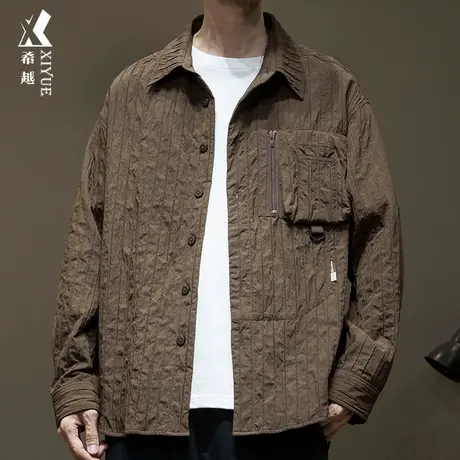 高级褶皱感牛仔衬衫男2024春季新款潮牌美式外套宽松大码男士夹克图片