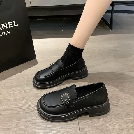 厚底乐福鞋女2024新款春季女鞋百搭爆款英伦风小皮鞋一脚蹬单鞋子图片