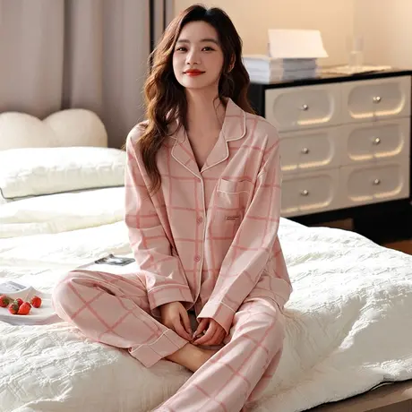 婷美纯棉睡衣女士春秋季开衫翻领长袖甜美秋冬天家居服韩版两件套商品大图