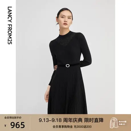 朗姿女装冬季新款黑色连衣裙时尚收腰抽绳中长款小黑裙商场同款商品大图