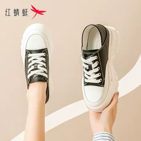 红蜻蜓厚底老爹女鞋2023新款圆头皮面增高ins潮女软底百搭休闲鞋商品大图