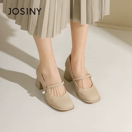 Josiny/卓诗尼粗跟婚鞋2023秋季新款气质珍珠一字带玛丽珍单鞋女商品大图