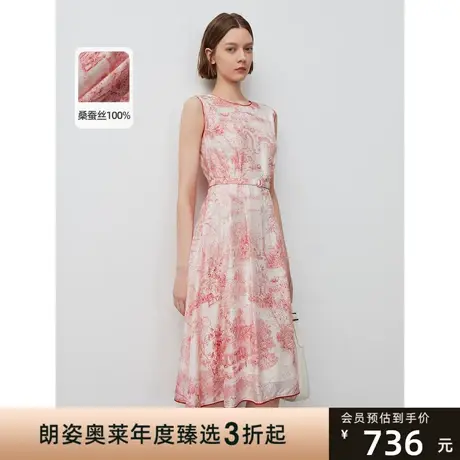 朗姿国风印花法式真丝连衣裙商场同款秋季新款气质收腰无袖裙子女图片