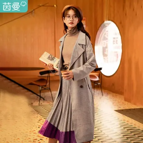 茵曼 特价清仓 翻领复古格纹配腰带显瘦百搭长款风衣外套女图片