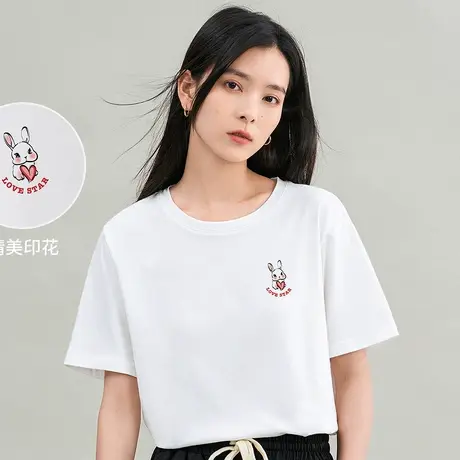 茵曼2023夏女装休闲短袖T恤圆领印花纯色卡通上衣图片
