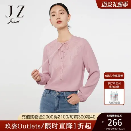 JZ玖姿官方奥莱蕾丝拼接气质雪纺衫春秋新款女优雅通勤系带上衣商品大图