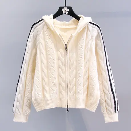 学院风麻花连帽毛衣外套女秋冬2023新款宽松慵懒设计感针织开衫商品大图