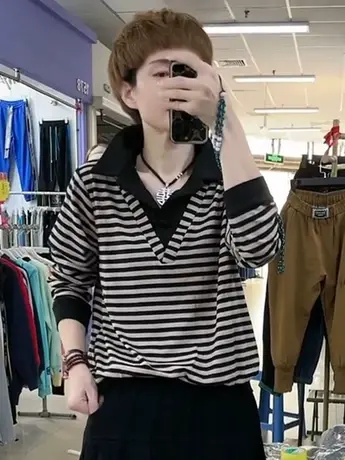 衬衫领假两件条纹T恤小衫秋季女装新款上衣时尚百搭显瘦减龄卫衣商品大图