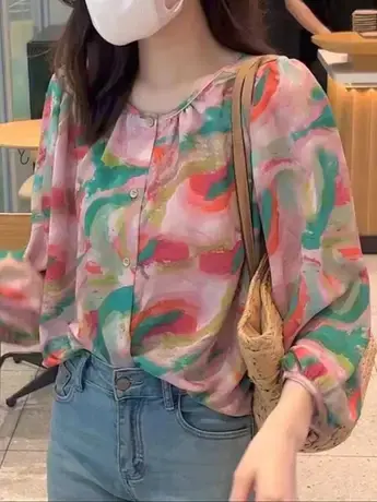 法式时尚小众拼色印花设计感长袖衬衫女夏季复古风简约休闲上衣潮图片